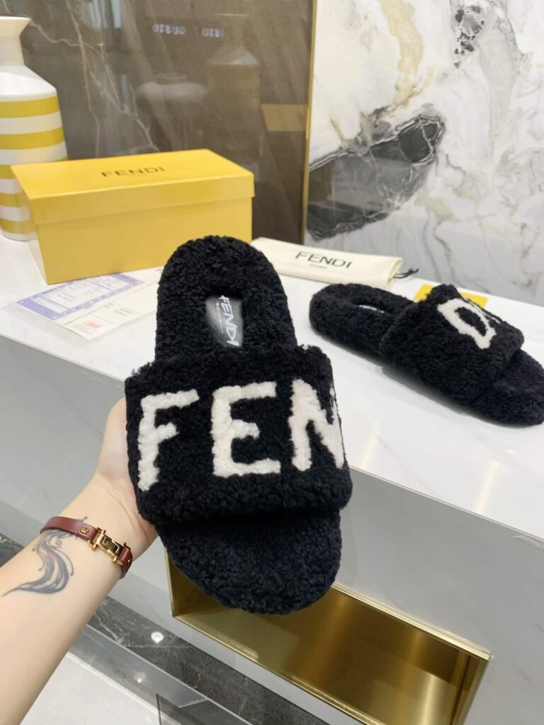 Fendi Shearling Slides Black - Image 5