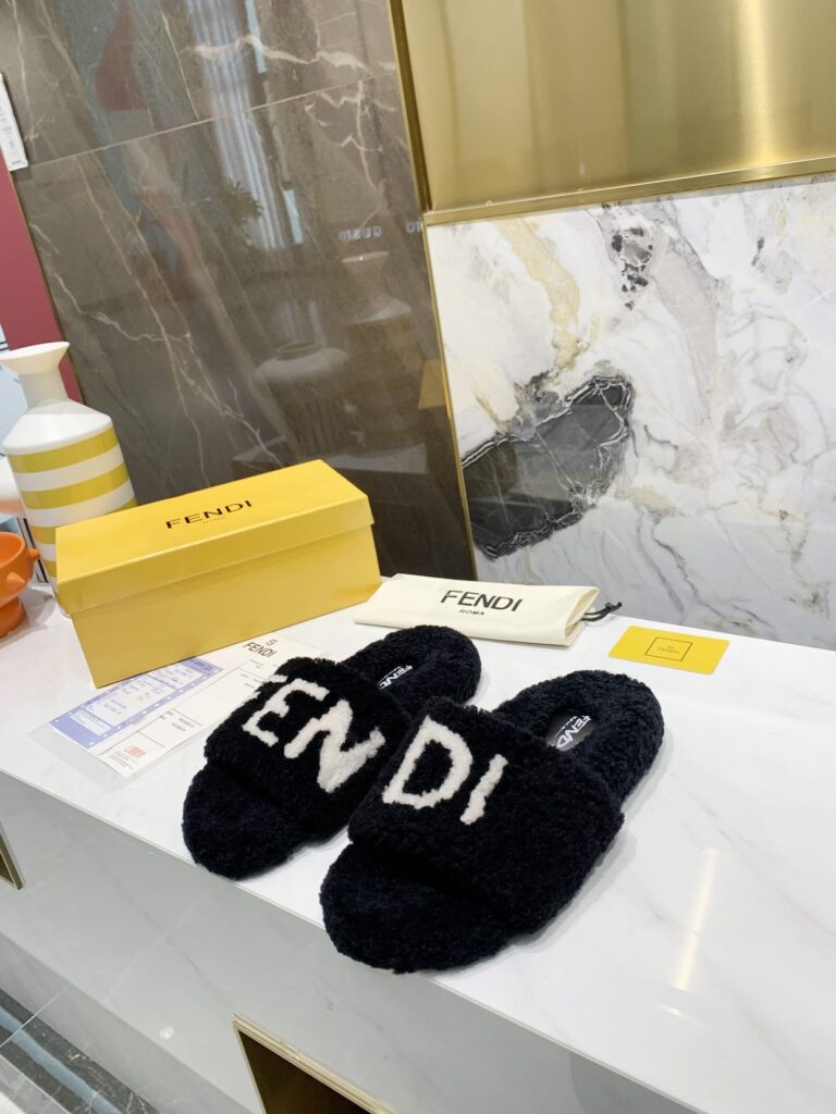 Fendi Shearling Slides Black - Image 4
