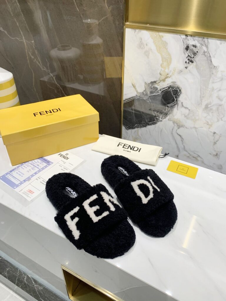 Fendi Shearling Slides Black - Image 3
