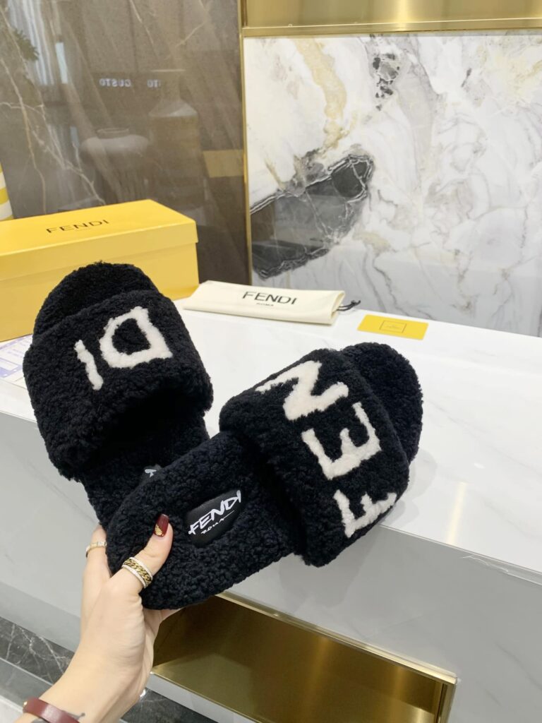 Fendi Shearling Slides Black - Image 2