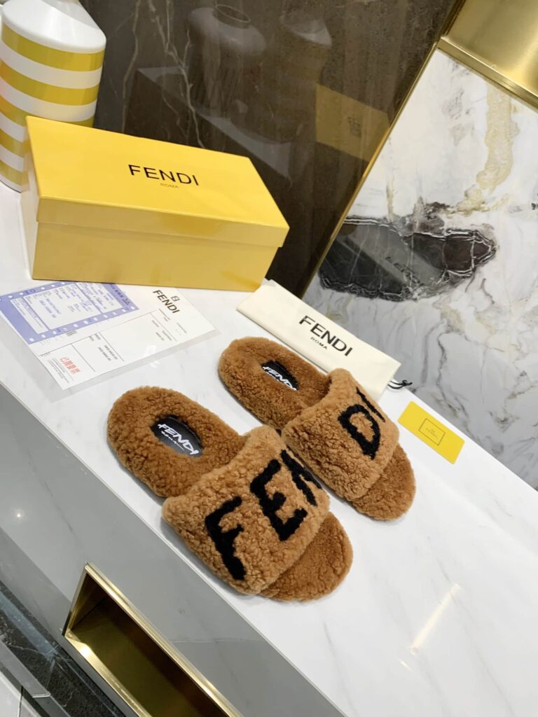 Fendi Shearling Slides Brown - Image 6