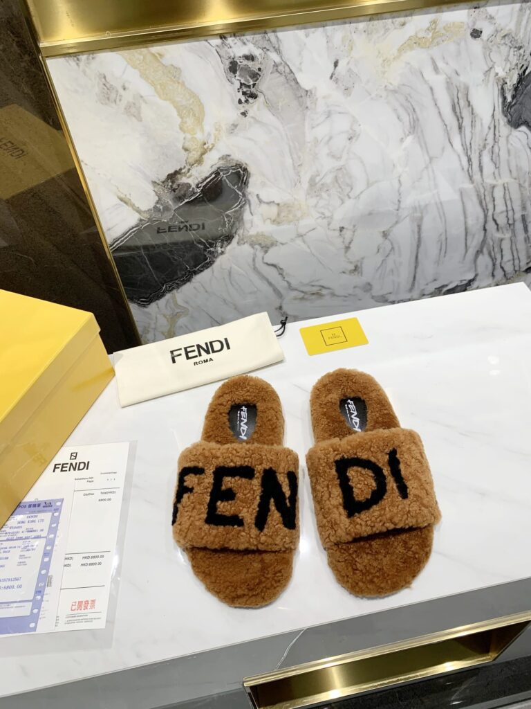 Fendi Shearling Slides Brown - Image 5