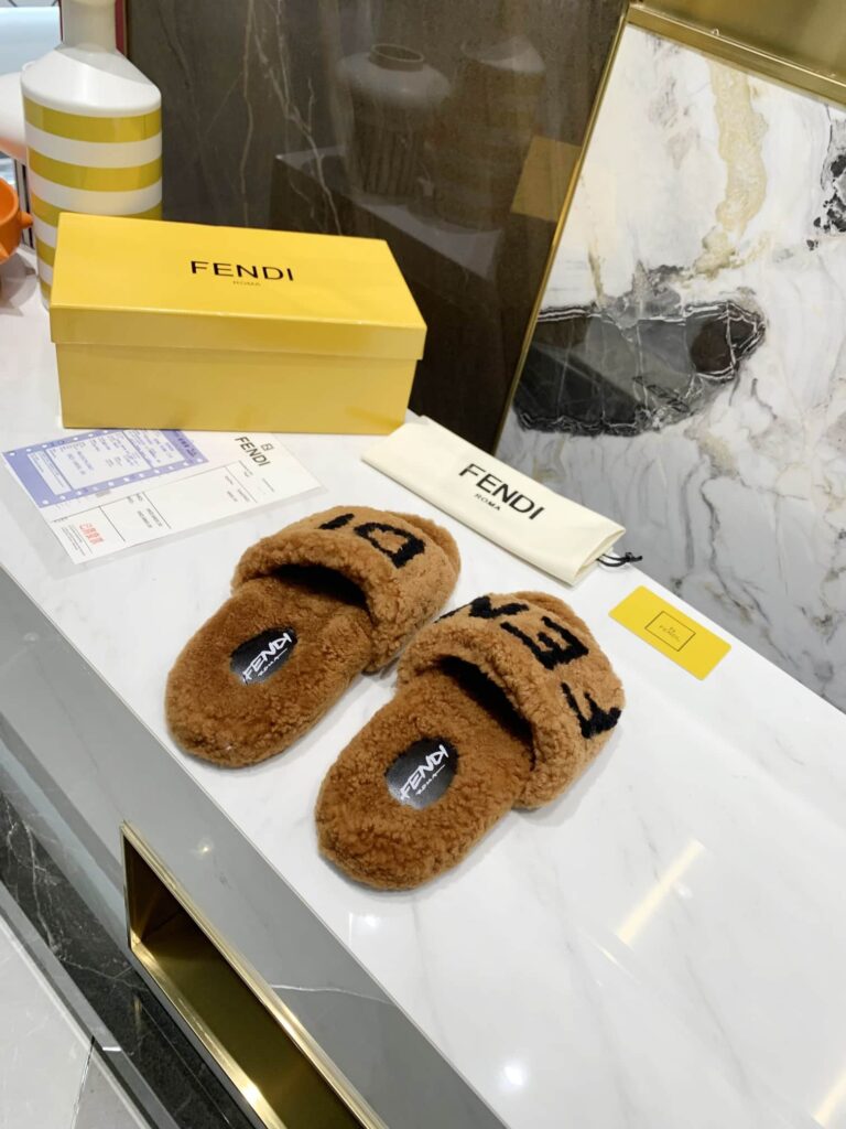Fendi Shearling Slides Brown - Image 4