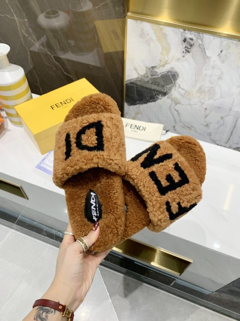 Fendi Shearling Slides Brown - Image 2