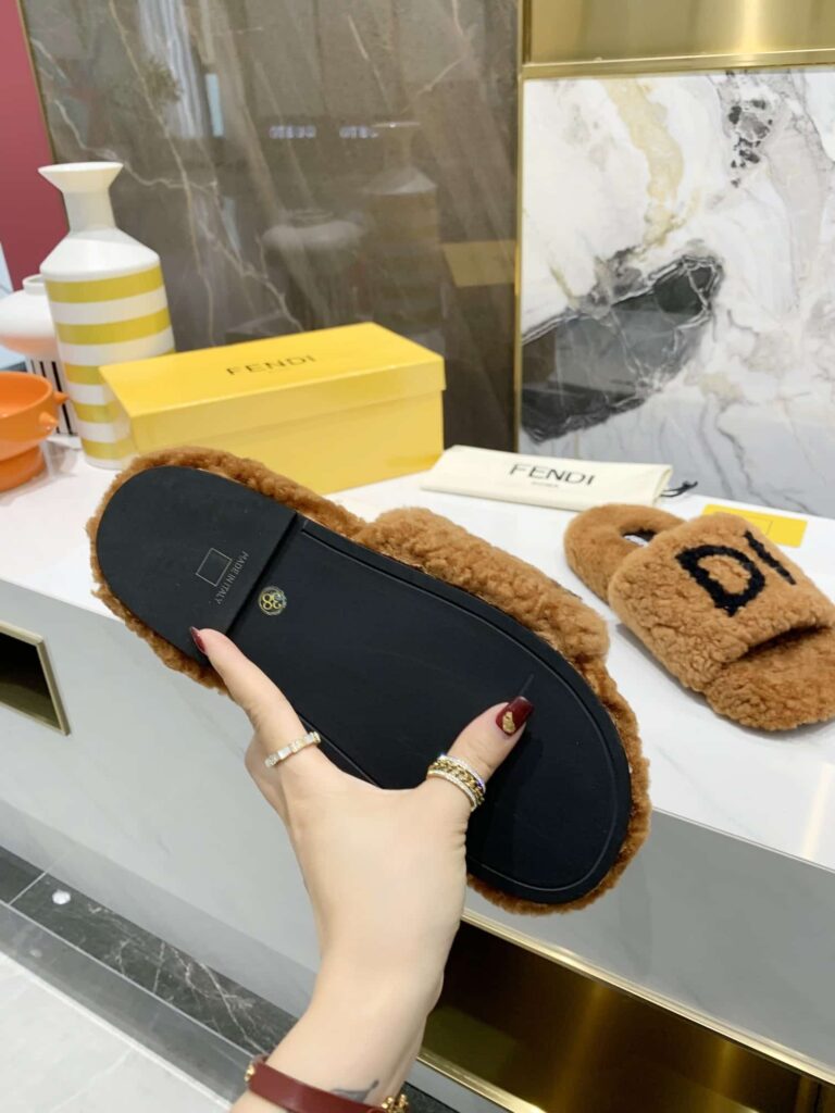 Fendi Shearling Slides Brown - Image 3