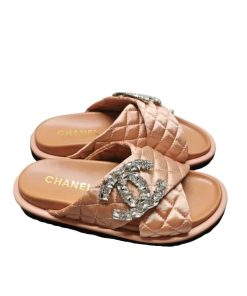 Chanel Cc Slippers Studded Pink Beige