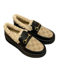 Gucci Fleece Collar Loafers Gg Beige And Black Leather