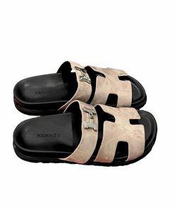 Hermes Chypre Sandal Suede H Logo Silver Hardware Light Brown