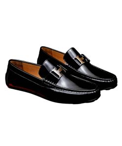 Hermes Men'S Loafer Moccasin Polish Leather With H Silver In Black