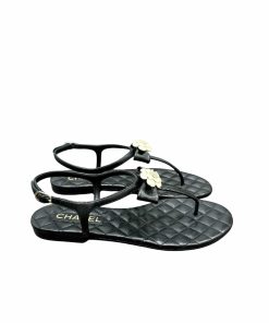 Chanel Black Quilted Leather With White Camellia Cc Logo Sandals G45258 X01000 94305