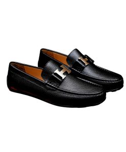 Hermes Men'S Loafer Moccasin Leather With H Silver Black