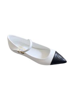 Chanel Pointed Toe Doll Shoes With Gold Flower In White