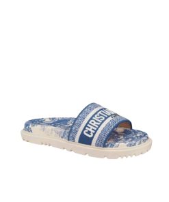 Dior Dway Toile De Jouy Embroidered Cotton Slide Sandals Blue