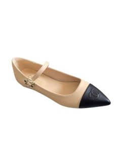Chanel Pointed Toe Doll Shoes With Gold Flower In Beige