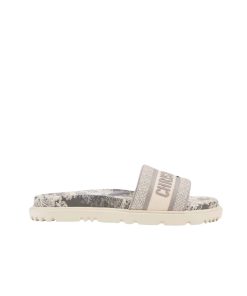 Dior Dway Toile De Jouy Embroidered Cotton Slide Sandals Gray
