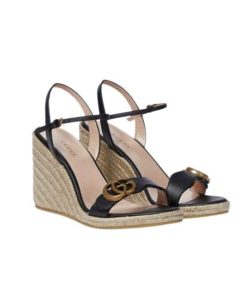 Gucci Leather Wedge Espadrille Sandals Black 8Cm
