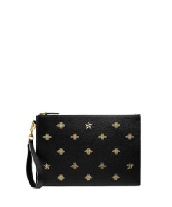 Gucci Bee Star Leather Clutch Black 28Cm 495066 Dj2Kt 8474