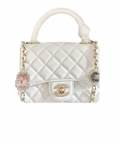 Gucci Mini Flap Bag With Top Handle Bijoux Chain White 18Cm