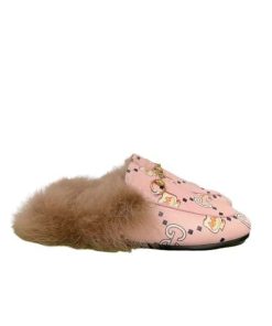 Gucci Womens Pink X Pikarar Kawaii Leather Fur Backless Loafers