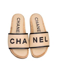 Chanel Leather Logo Cork Slide Sandals Beige