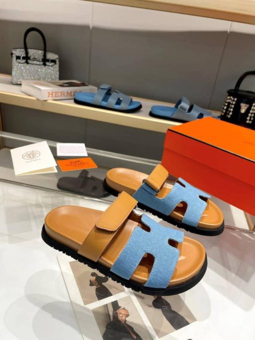 Hermes Chypre Flat Sandals Denim Brown - Image 2
