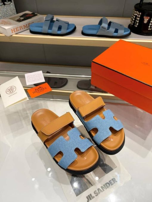 Hermes Chypre Flat Sandals Denim Brown - Image 3