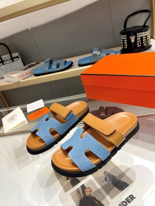Hermes Chypre Flat Sandals Denim Brown - Image 5
