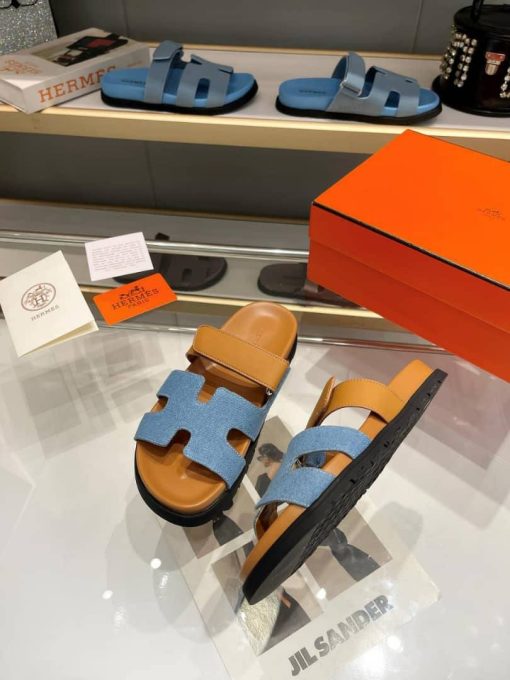 Hermes Chypre Flat Sandals Denim Brown - Image 6