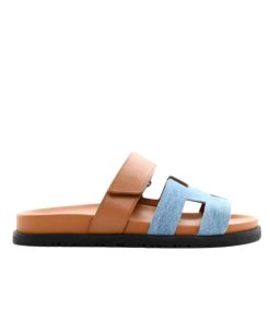 Hermes Chypre Flat Sandals Denim Brown