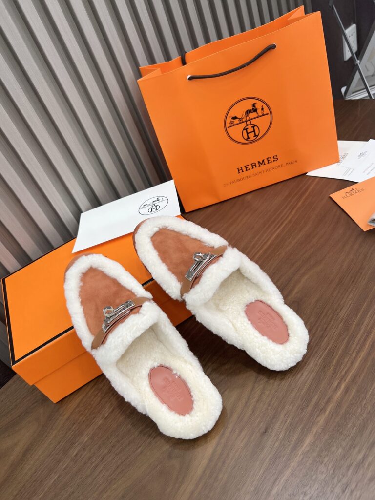 Hermes Oz Mule Shearling Brown White - Image 3