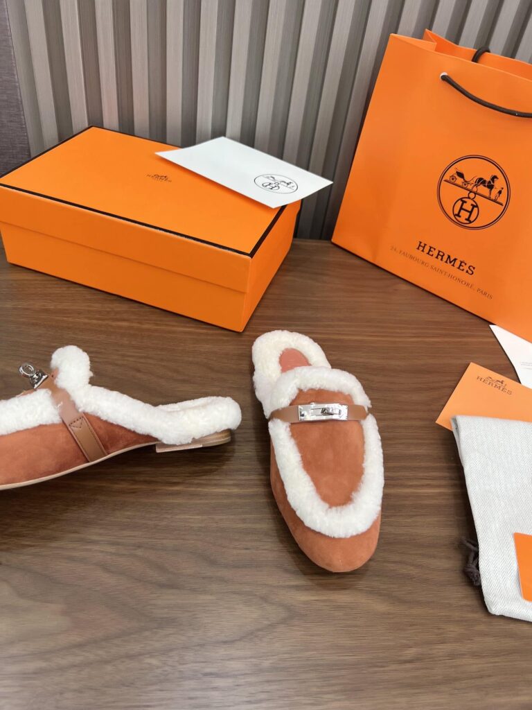 Hermes Oz Mule Shearling Brown White - Image 4