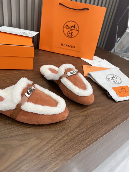 Hermes Oz Mule Shearling Brown White - Image 6
