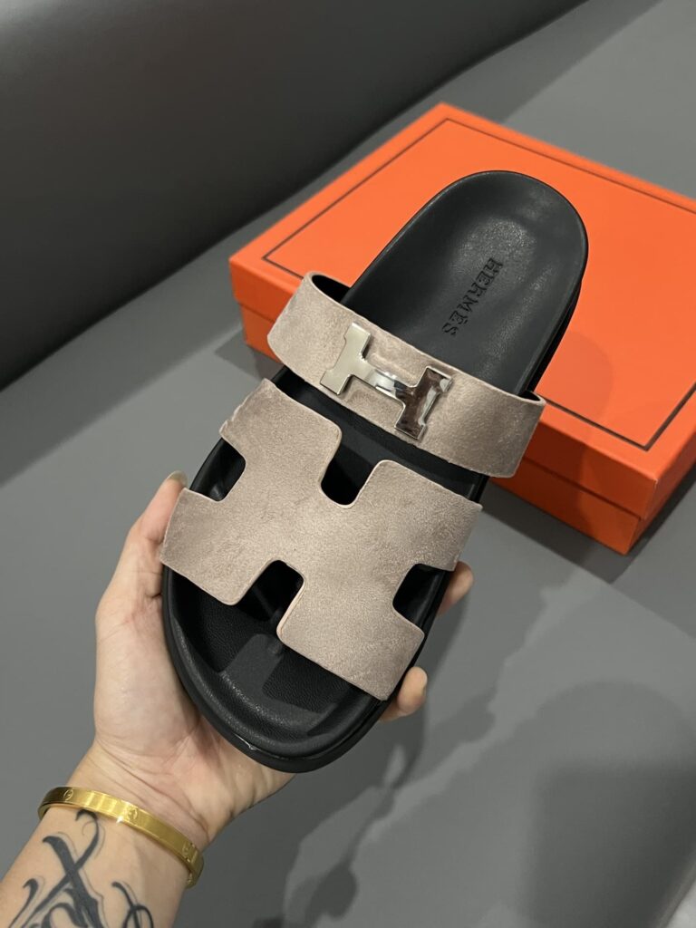 Hermes Chypre Sandal Suede H Logo Silver Hardware Light Brown - Image 5