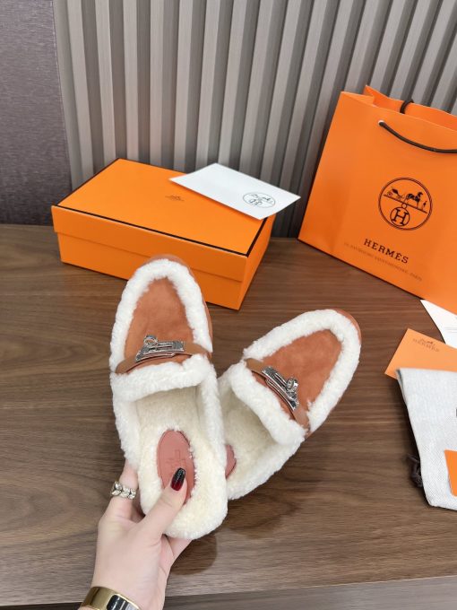 Hermes Oz Mule Shearling Brown White - Image 7