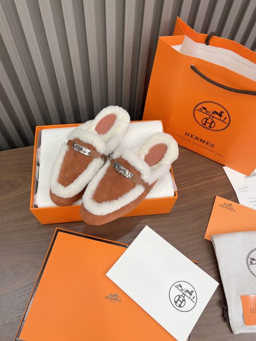 Hermes Oz Mule Shearling Brown White - Image 8