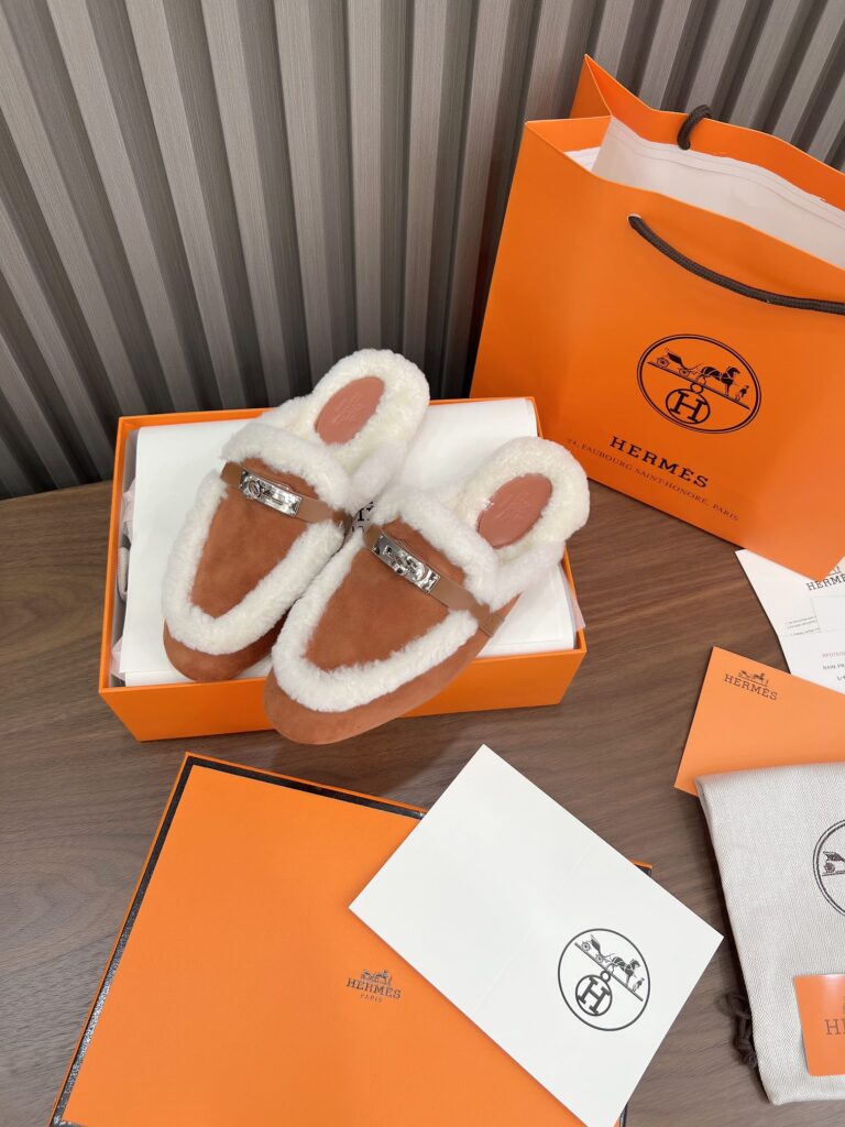 Hermes Oz Mule Shearling Brown White - Image 8