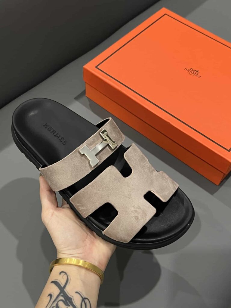 Hermes Chypre Sandal Suede H Logo Silver Hardware Light Brown - Image 3