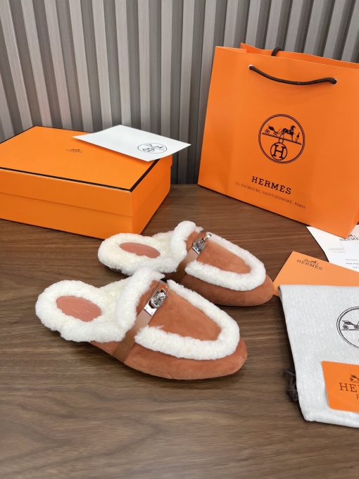 Hermes Oz Mule Shearling Brown White - Image 9