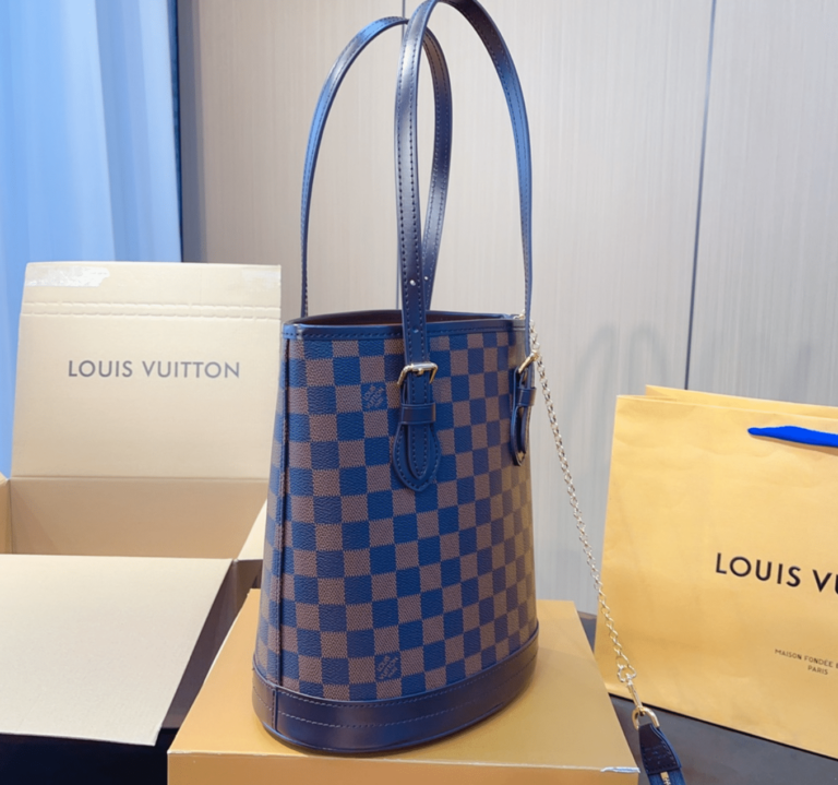 Louis Vuitton Damier Marais Bucket Tote Bag Navy Blue And Brown 26Cm N42240 - Image 7