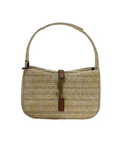 Saint Laurent Le 5 A 7 Mini Ysl Raffia Hobo Bag Beige Brown 23Cm