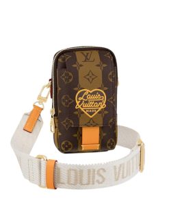 Louis Vuitton Flap Double Phone Pouch Monogram Stripes Brown Canvas 18Cm M81005