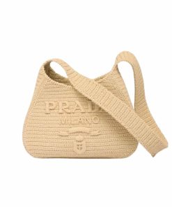 Prada Logo Embossed Raffia Shoulder Bag Beige 33Cm 1Bc186Vouo2A2T