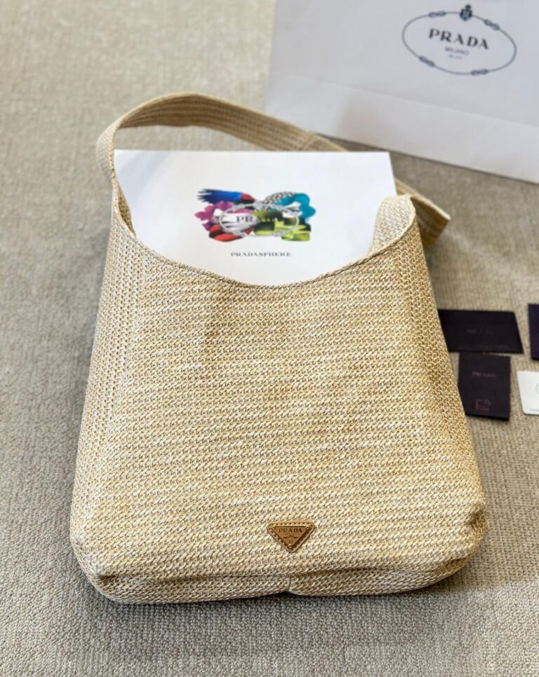 Prada Logo Embossed Raffia Shoulder Bag Beige 33Cm 1Bc186Vouo2A2T - Image 2