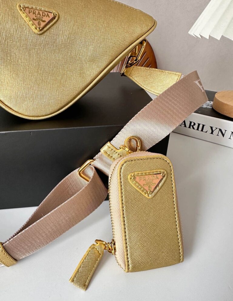 Prada Triangle Saffiano Leather Shoulder Bag Gold 28Cm - Image 3