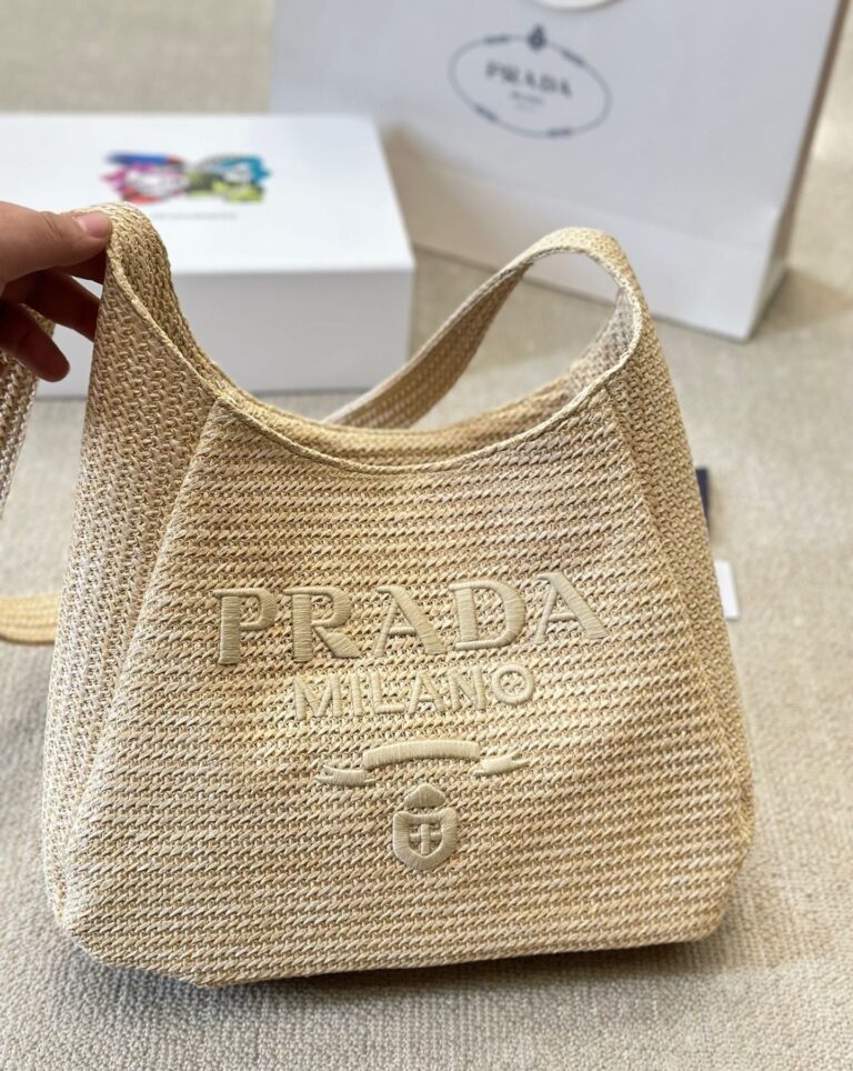 Prada Logo Embossed Raffia Shoulder Bag Beige 33Cm 1Bc186Vouo2A2T - Image 5