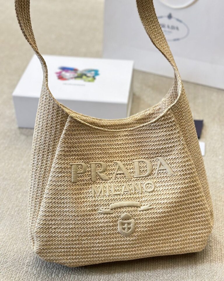 Prada Logo Embossed Raffia Shoulder Bag Beige 33Cm 1Bc186Vouo2A2T - Image 6