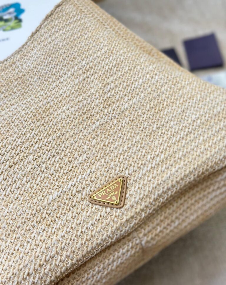 Prada Logo Embossed Raffia Shoulder Bag Beige 33Cm 1Bc186Vouo2A2T - Image 7