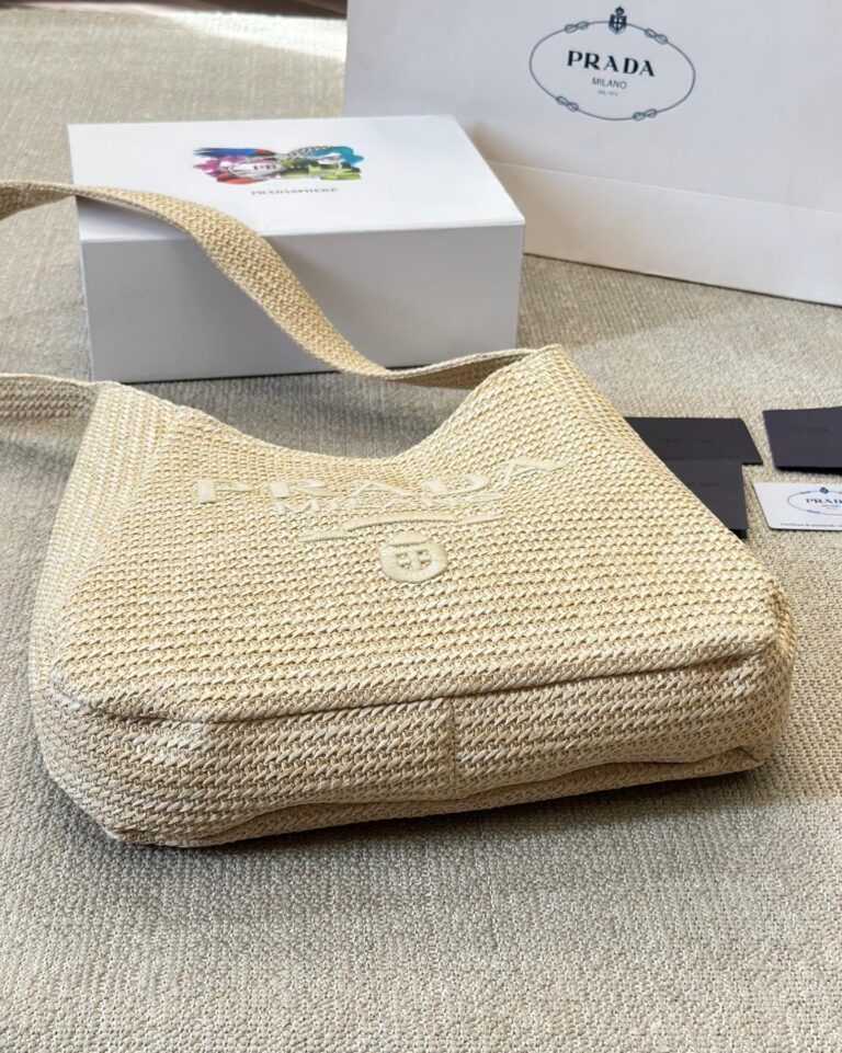 Prada Logo Embossed Raffia Shoulder Bag Beige 33Cm 1Bc186Vouo2A2T - Image 8