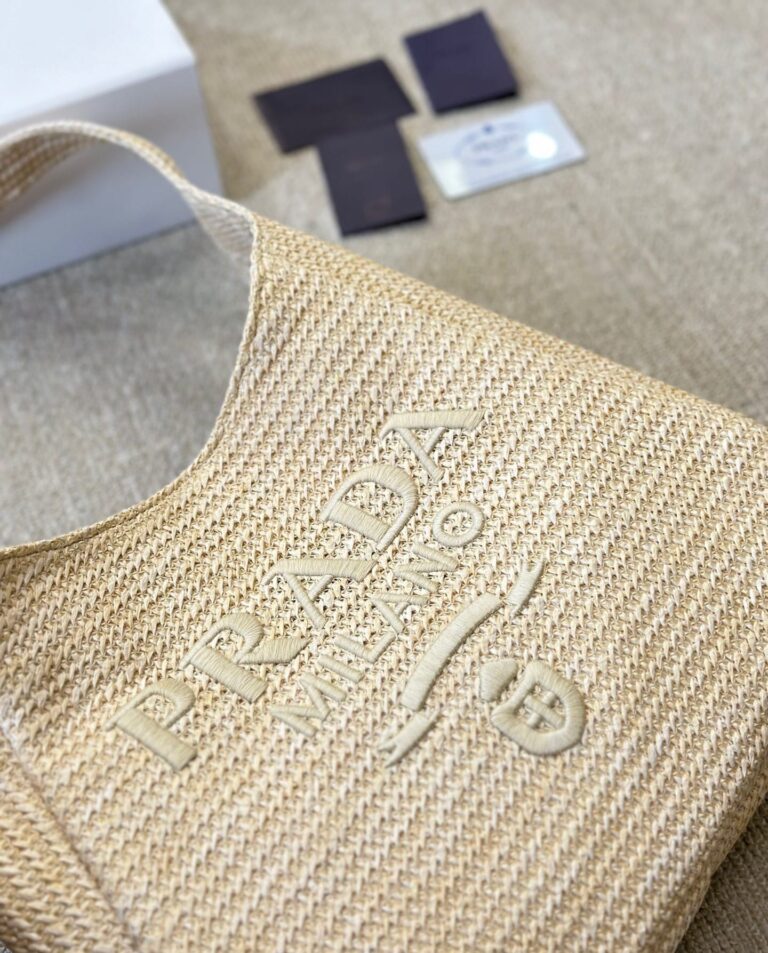 Prada Logo Embossed Raffia Shoulder Bag Beige 33Cm 1Bc186Vouo2A2T - Image 9