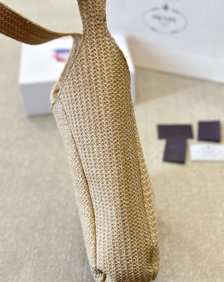 Prada Logo Embossed Raffia Shoulder Bag Beige 33Cm 1Bc186Vouo2A2T - Image 10